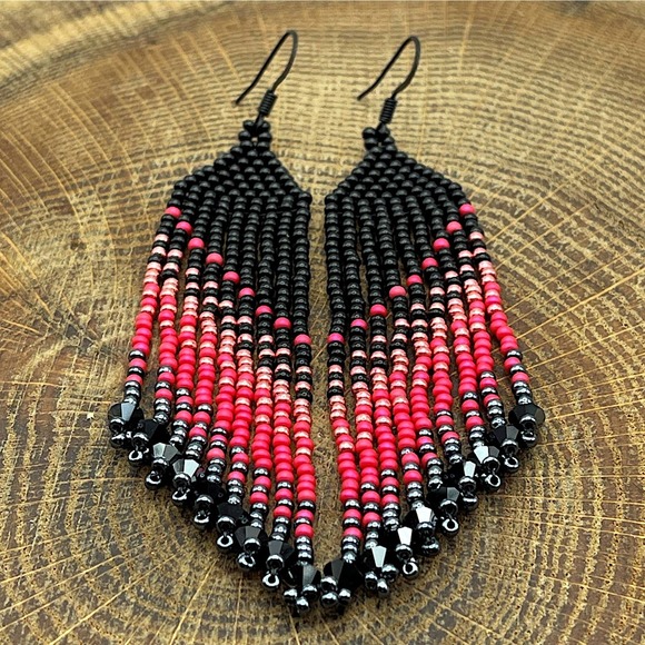 Seed Bead Fringe Dangle Earrings Watermelon Pink Gunmetal Black Glass Crystals - Picture 1 of 10